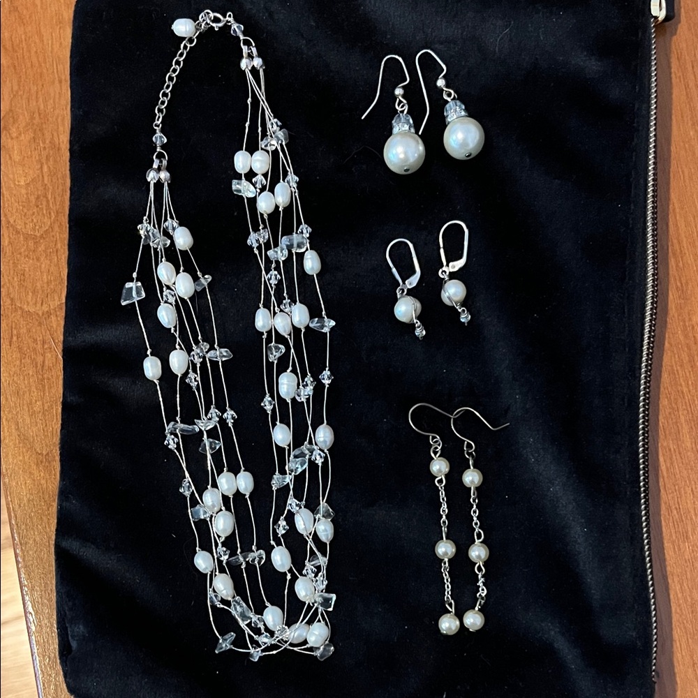 Multi-Strand Pearl & Crystal Necklace with Pearl Drop Earrings - White